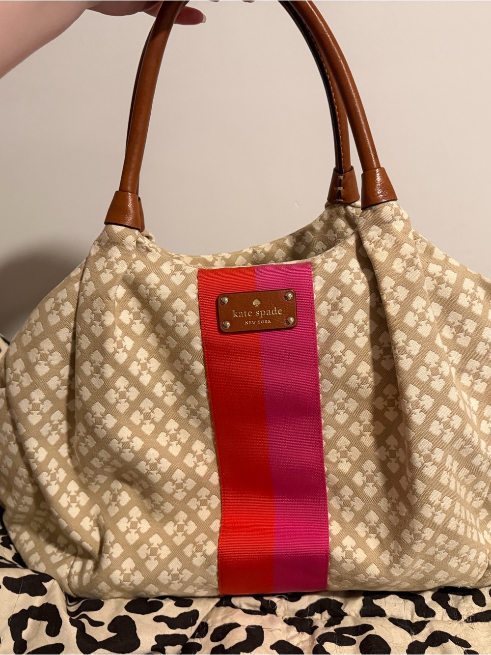 kate spade Beige Canvas Shoulder Bag with Pink and Red Center Stripe